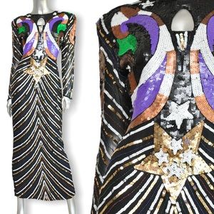 Vintage Long Black Beaded Sequins Long Evening Gown Prom Dress Size Medium